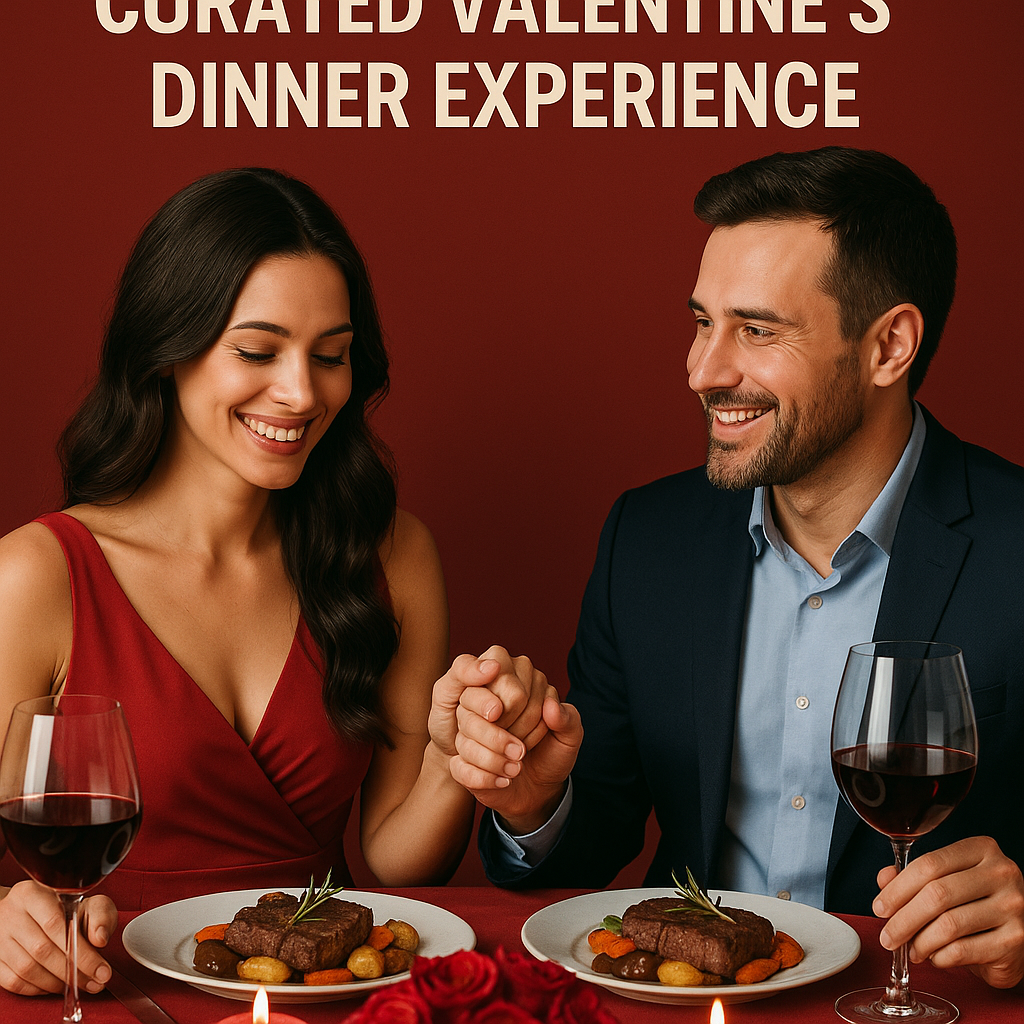 Couple toasting wine glasses at a table with gourmet meals during a curated Valentine's dinner.