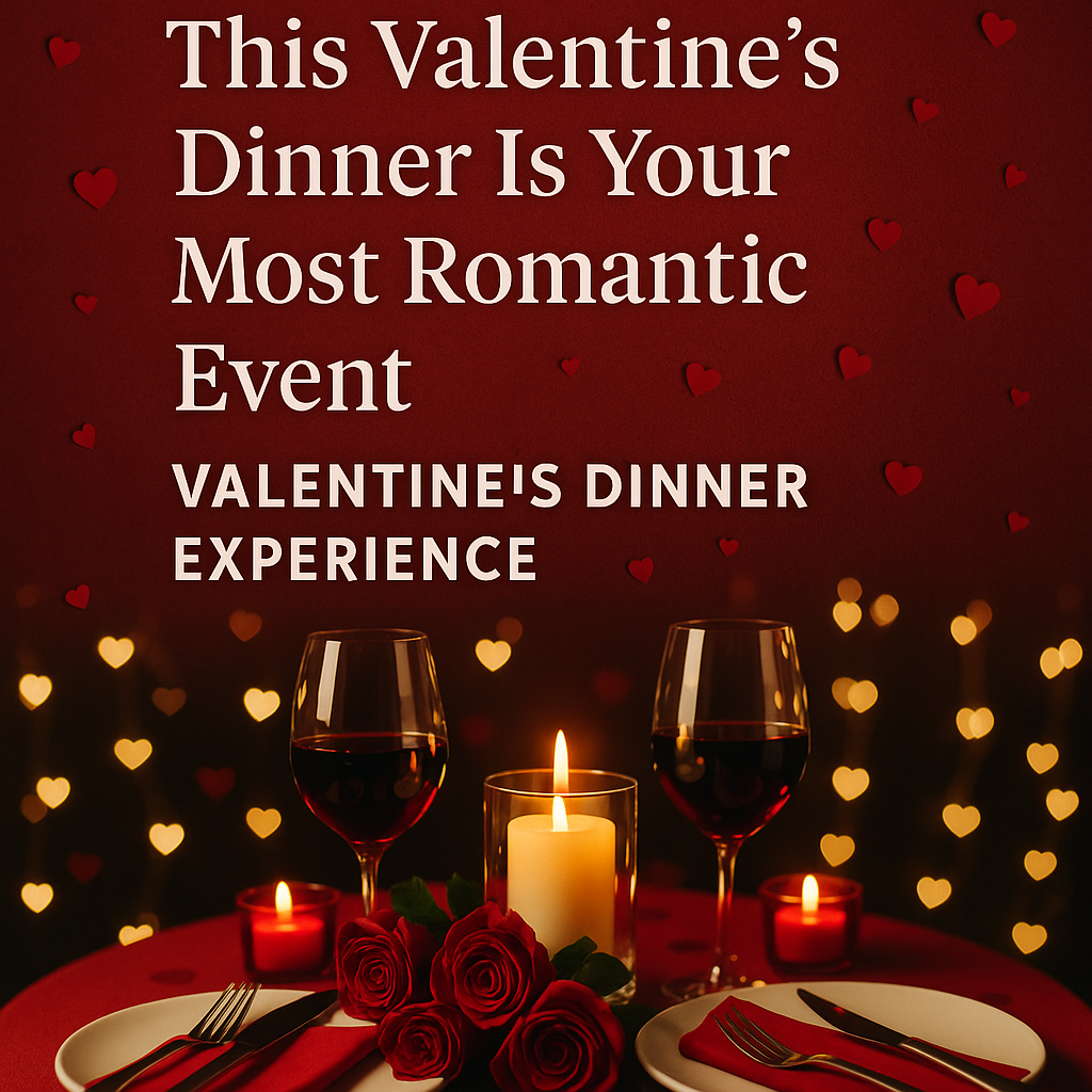 Romantic Valentine's dinner setup with wine, candles, and roses on a table.
