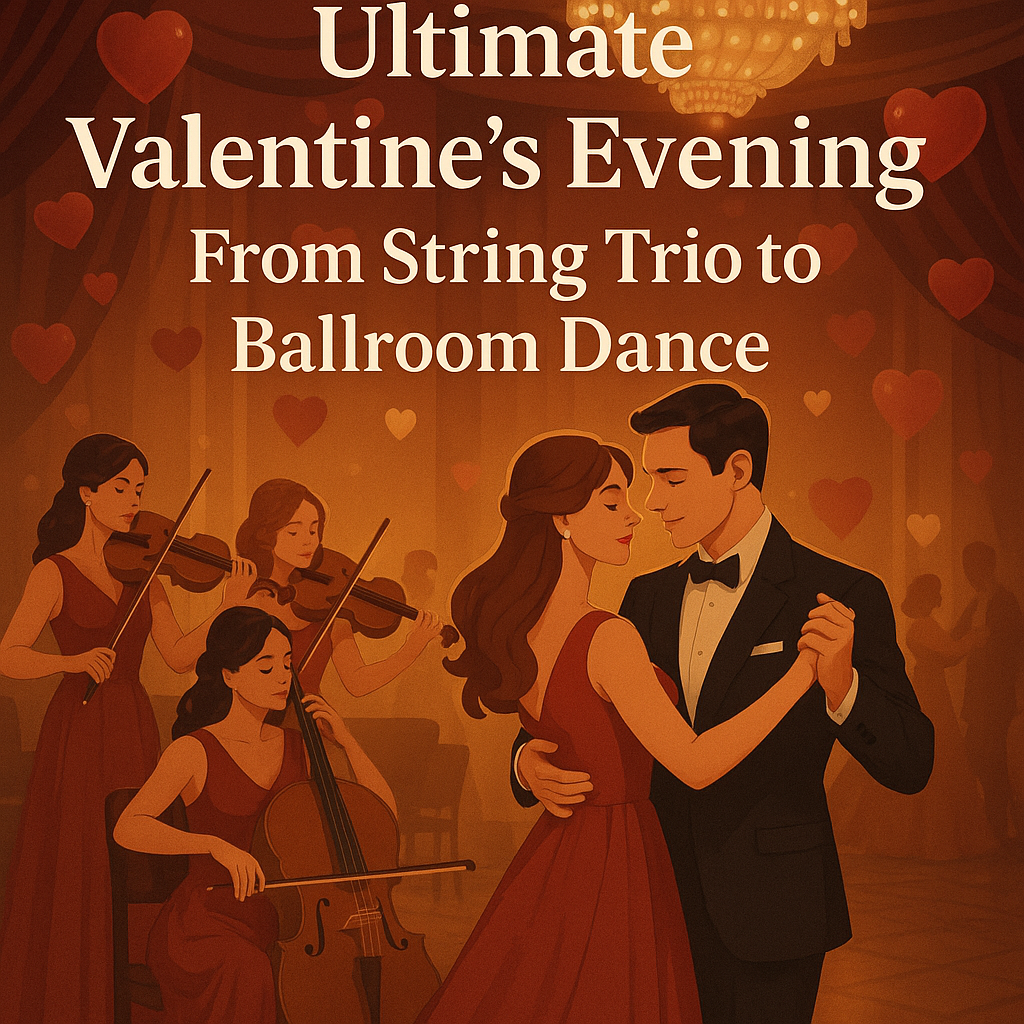 Couples dancing in a ballroom, illuminated by string lights, with musicians in background.