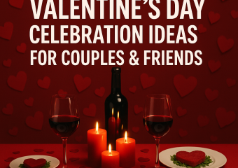 A romantic Valentine's Day dinner setup with candles, flowers, and elegant tableware for couples and friends.