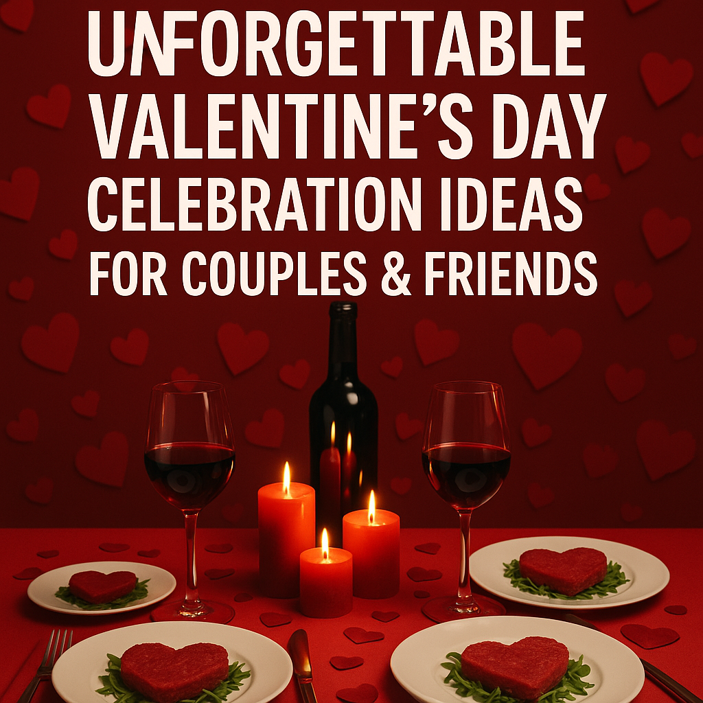 A romantic Valentine's Day dinner setup with candles, flowers, and elegant tableware for couples and friends.