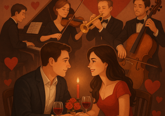 Quartet of musicians playing piano, violin, trumpet, and cello at a candlelit romantic dinner.