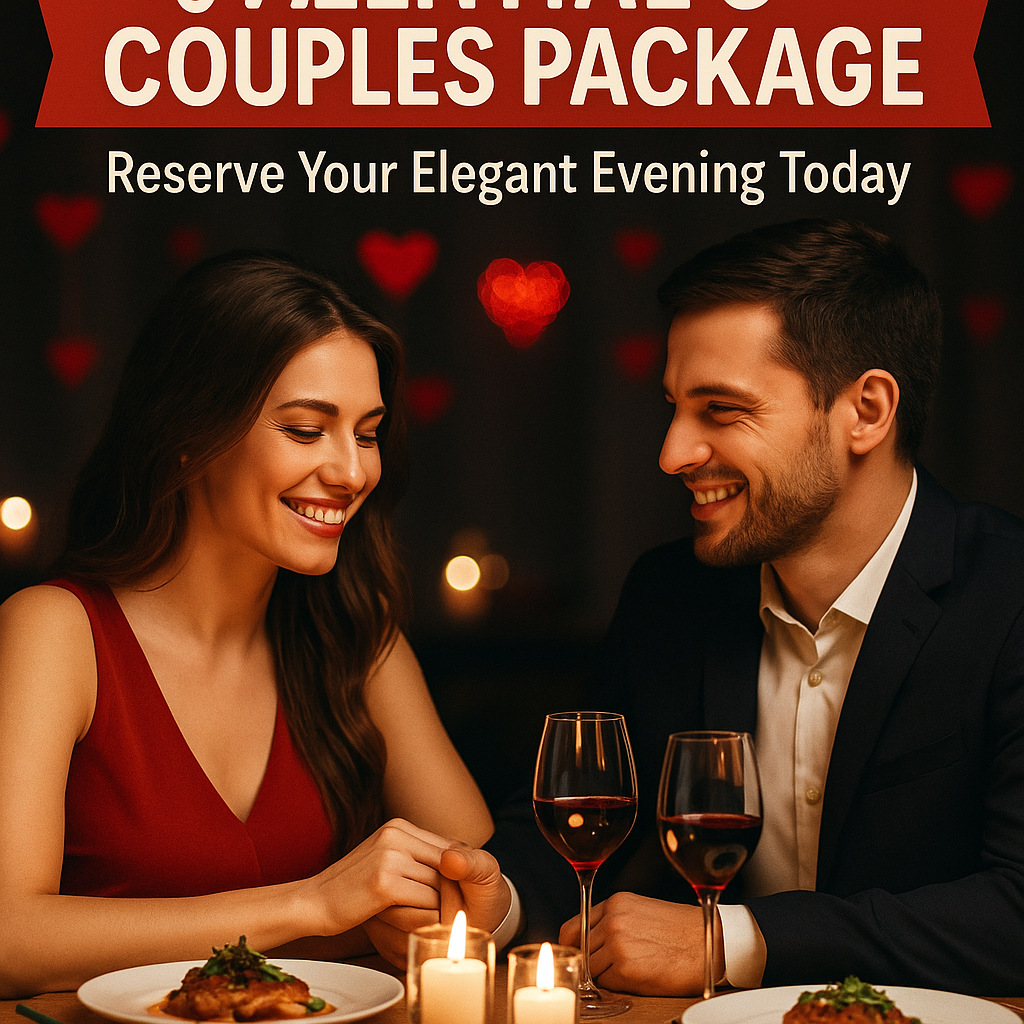 "Unlock a night of romance with our Valentine's Couples Package—elegant dining and dancing await!" Candlelit dinner table set for two with wine glasses, surrounded by soft, romantic lighting.