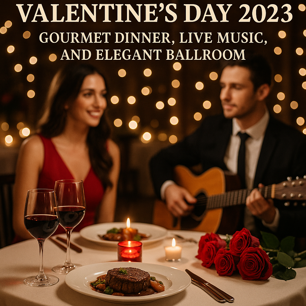A couple enjoying a gourmet dinner in an elegant ballroom with a violinist playing in the background.