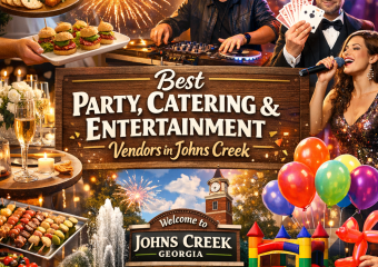 Colorful celebration scene in Johns Creek with catering, entertainment, and festive activities.