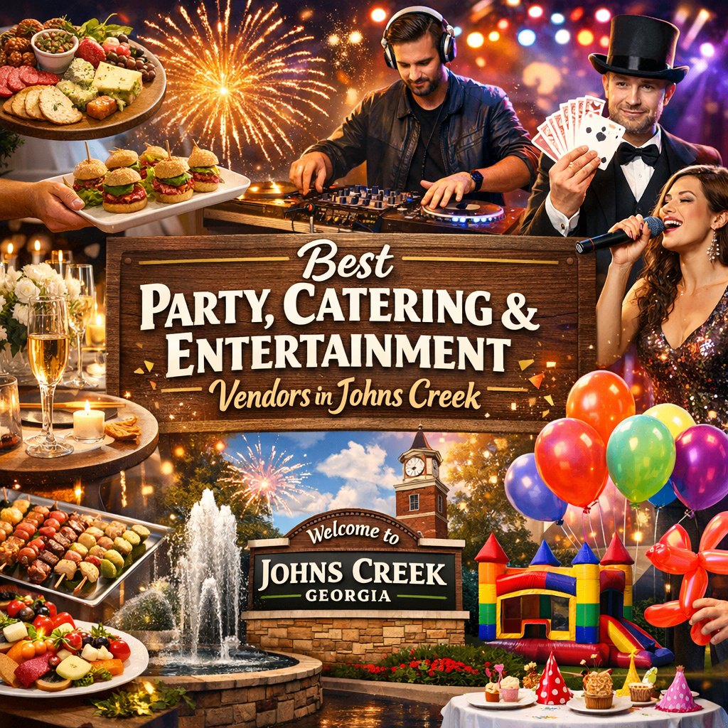 Colorful celebration scene in Johns Creek with catering, entertainment, and festive activities.