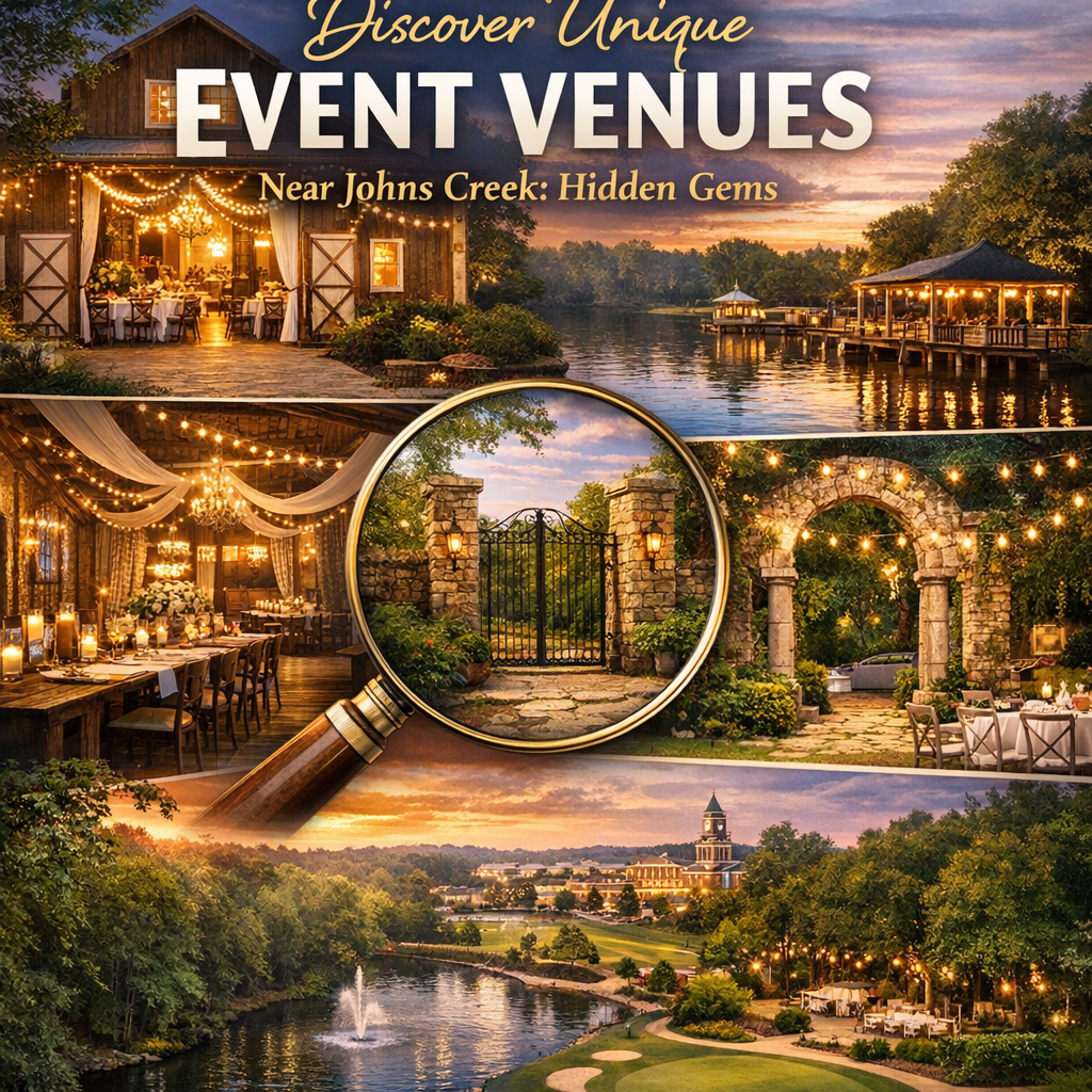 "Explore enchanting and unique event spaces near Johns Creek, where every occasion becomes a memorable fairy tale!" Scenic outdoor and elegant indoor event venues near Johns Creek with charming lighting and natural settings.