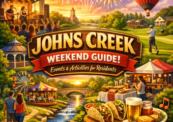 Colorful illustration of Johns Creek events with fireworks, live music, hot air balloon, and food stands.