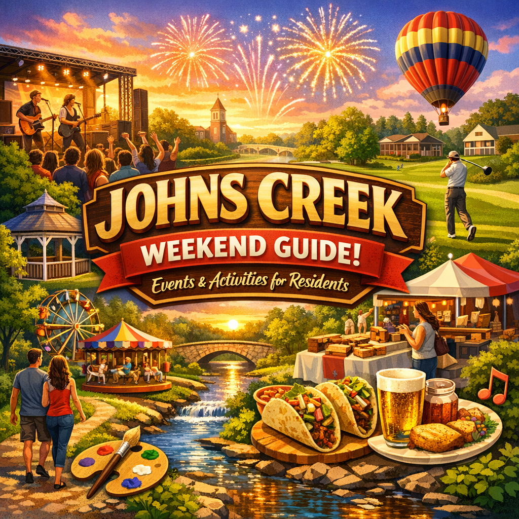 Colorful illustration of Johns Creek events with fireworks, live music, hot air balloon, and food stands.