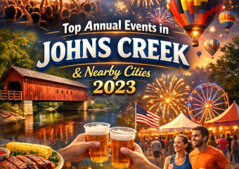 Colorful collage of fireworks, hot air balloons, food, and runners at Johns Creek annual events.