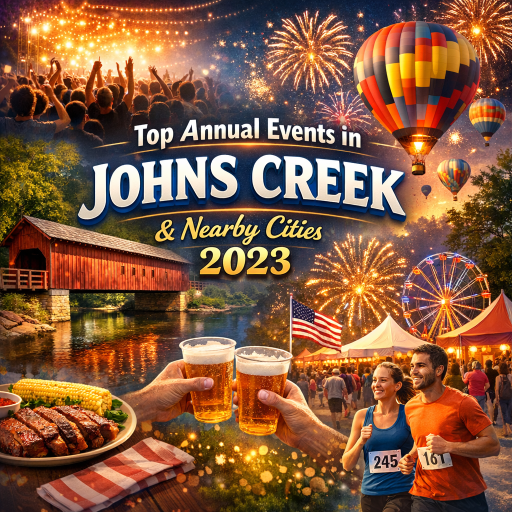 Colorful collage of fireworks, hot air balloons, food, and runners at Johns Creek annual events.
