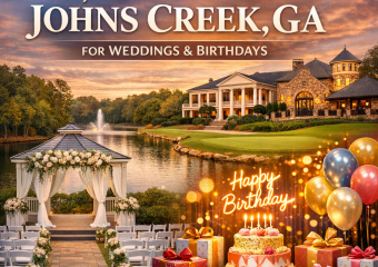 Elegant outdoor wedding setup by a lake in Johns Creek, with chairs and floral decorations.