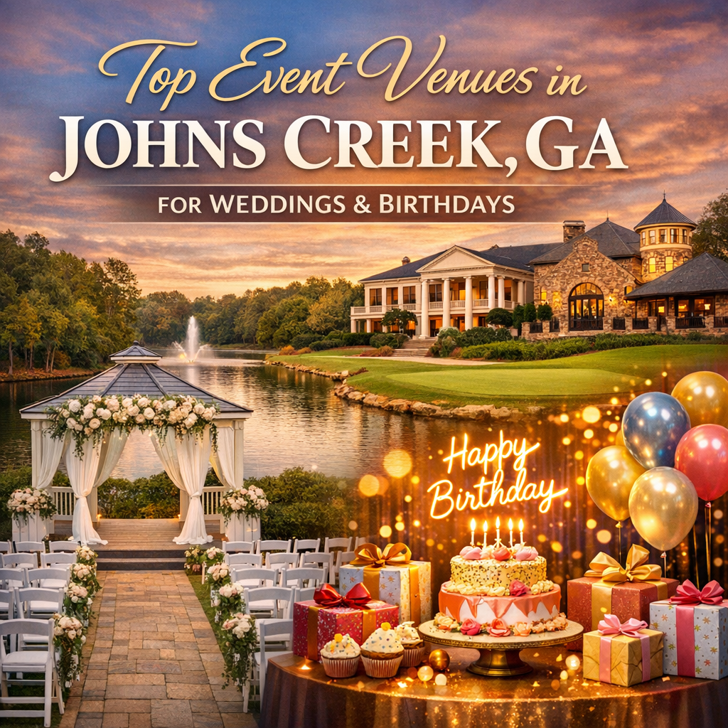 Discover your dream venue in our roundup of the top event spaces in Johns Creek, perfect for any elegant wedding or live Elegant outdoor wedding setup by a lake in Johns Creek, with chairs and floral decorations.