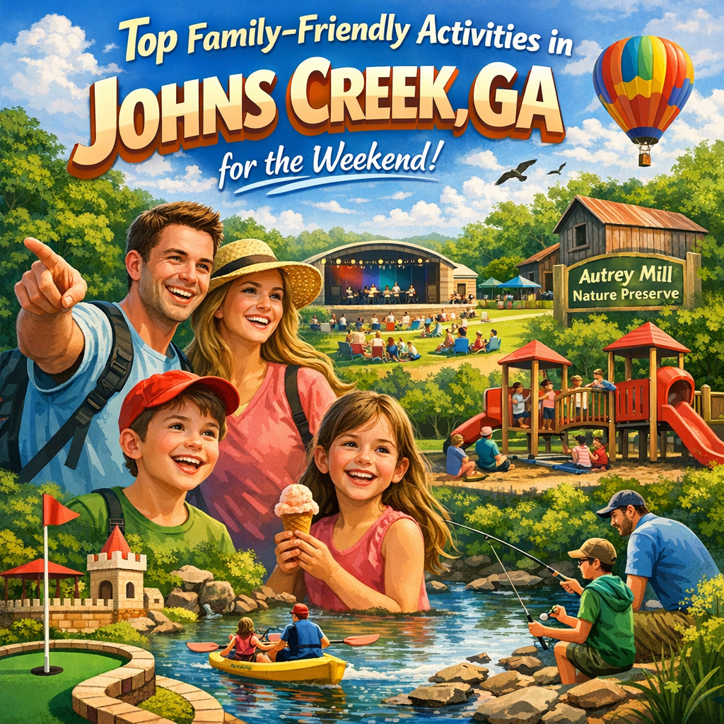 A collage of families enjoying outdoor activities in Johns Creek, GA.