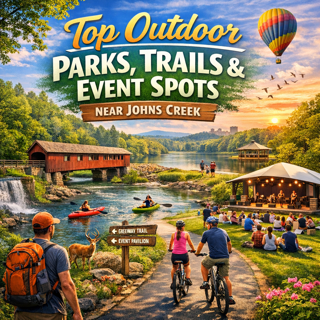 A collage of scenic views near Johns Creek, including people kayaking, biking, and enjoying a live performance outdoors.