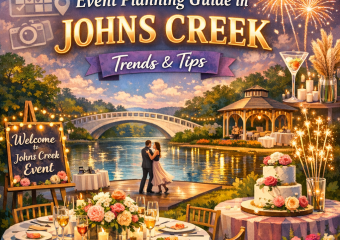 "Elegant outdoor event setup in Johns Creek with lights, decorations, and fireworks in the background."