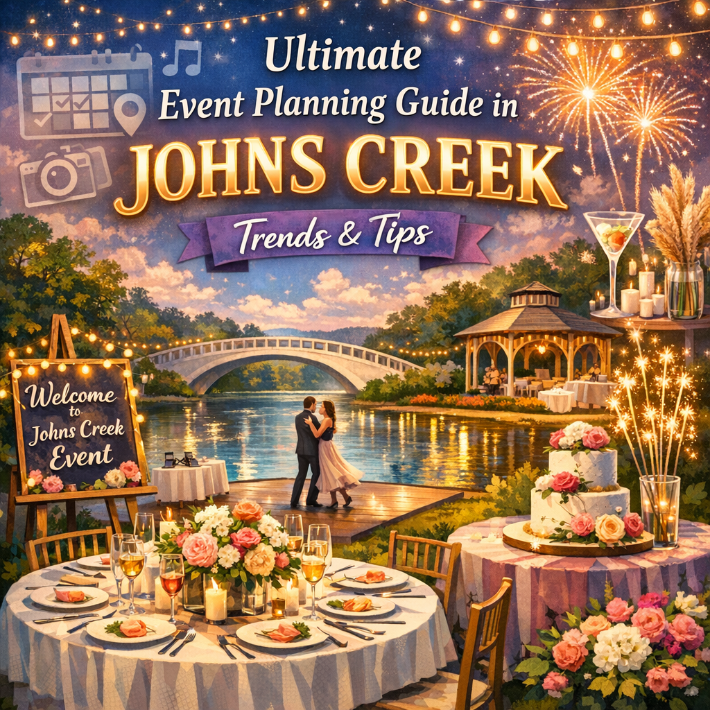 "Elegant outdoor event setup in Johns Creek with lights, decorations, and fireworks in the background."