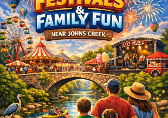 Colorful festival scene with a family enjoying live music, fireworks, and hot air balloons near Johns Creek.
