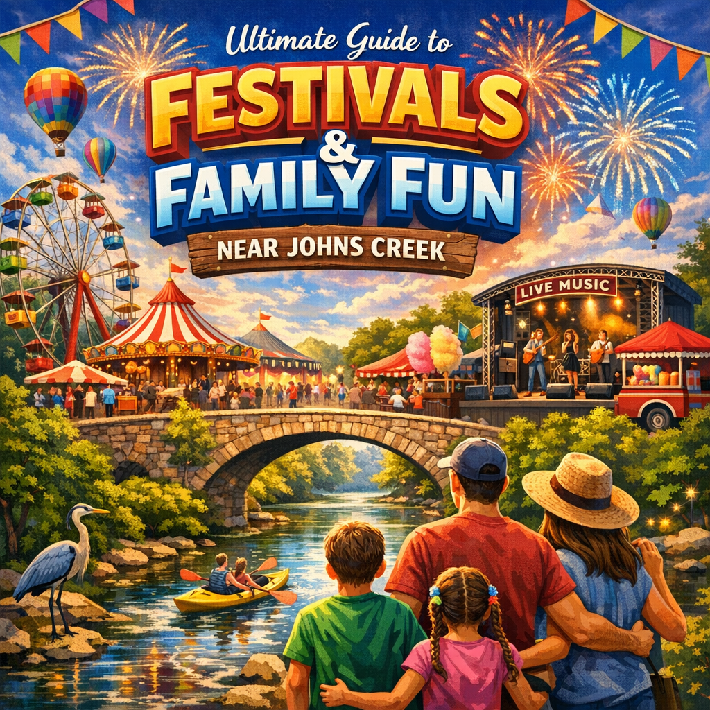 Colorful festival scene with a family enjoying live music, fireworks, and hot air balloons near Johns Creek.