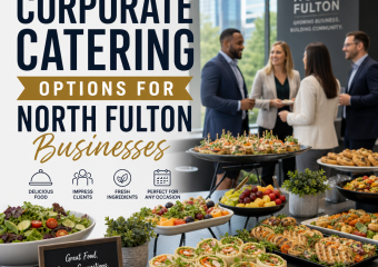 Corporate catering spread with fresh boxed lunches and dishes for North Fulton business meetings