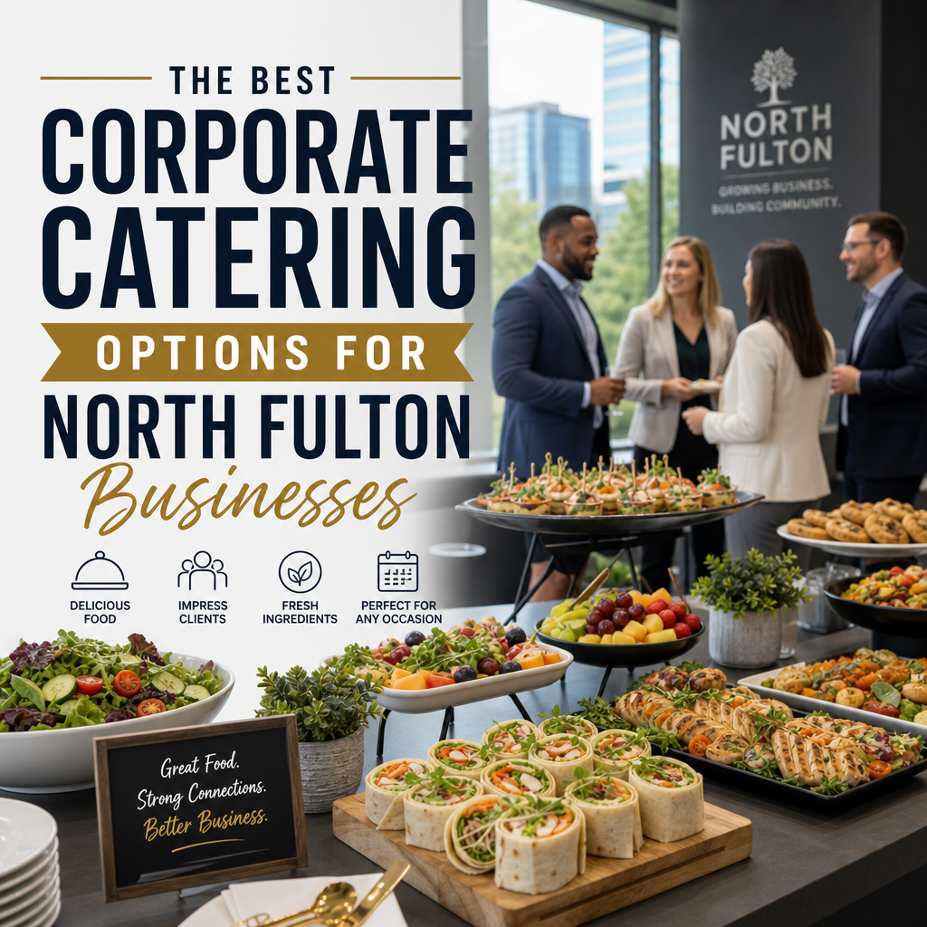 Corporate catering spread with fresh boxed lunches and dishes for North Fulton business meetings