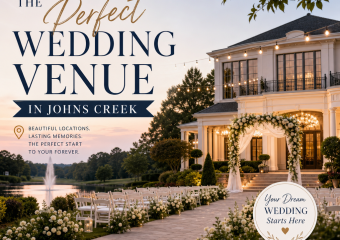 Elegant outdoor wedding venue in Johns Creek with decorated tables, white chairs, and scenic views.