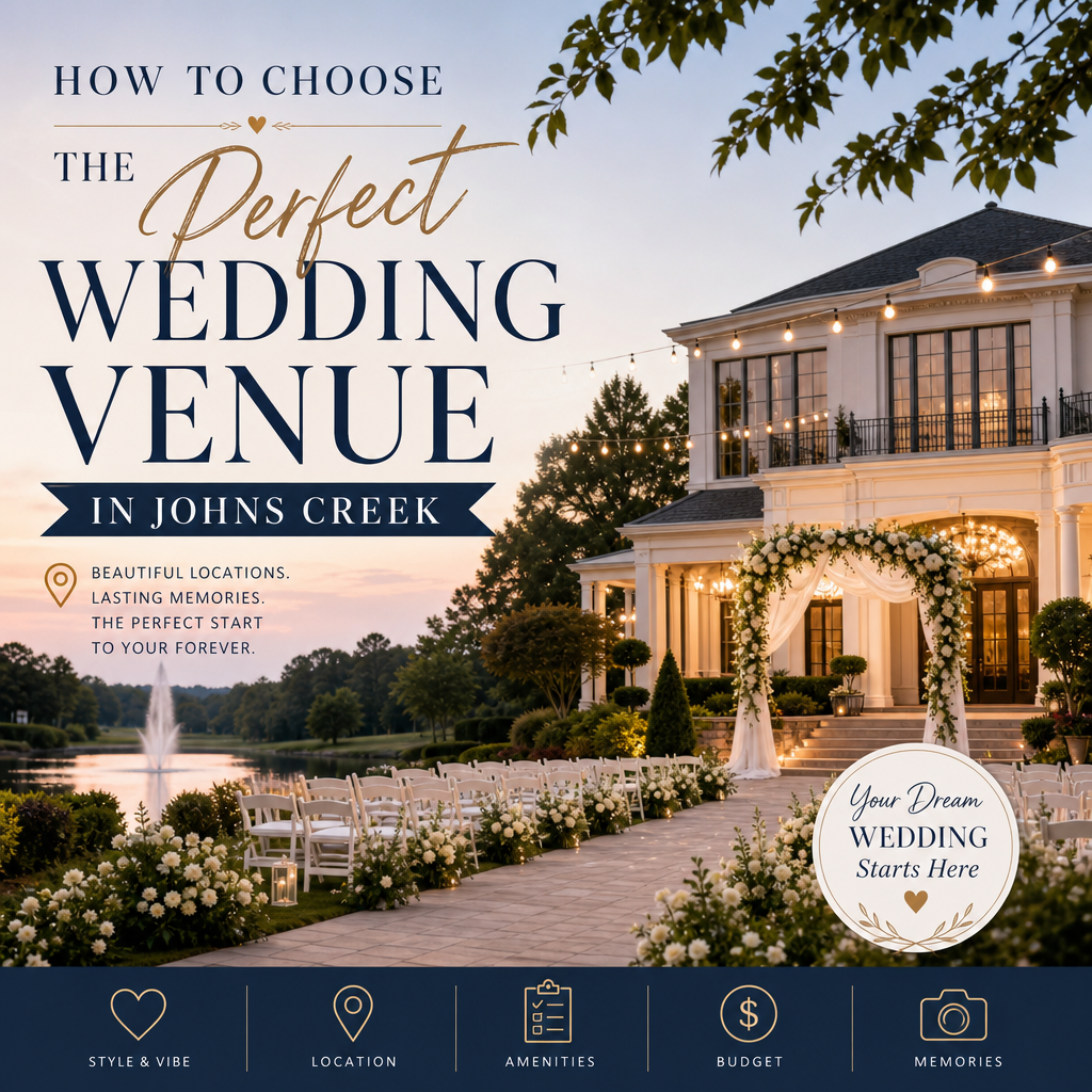 An elegant Johns Creek wedding venue with beautiful scenery and romantic details, perfect for your special day. Elegant outdoor wedding venue in Johns Creek with decorated tables, white chairs, and scenic views.