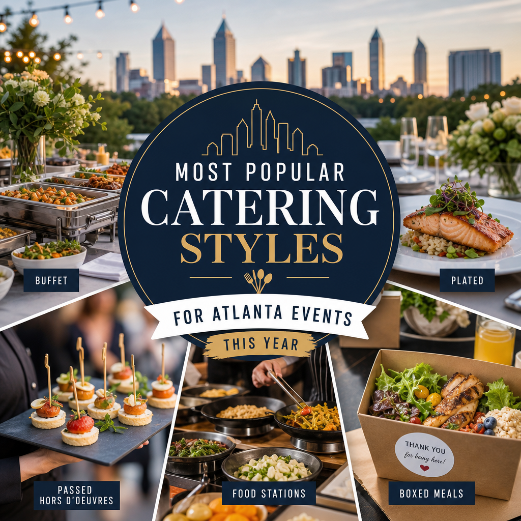 Discover the most popular catering styles for Atlanta events, from elegant plated dinners to fun food stations and conve Buffet, plated, passed hors d'oeuvres, food stations, and boxed meal catering styles for Atlanta events