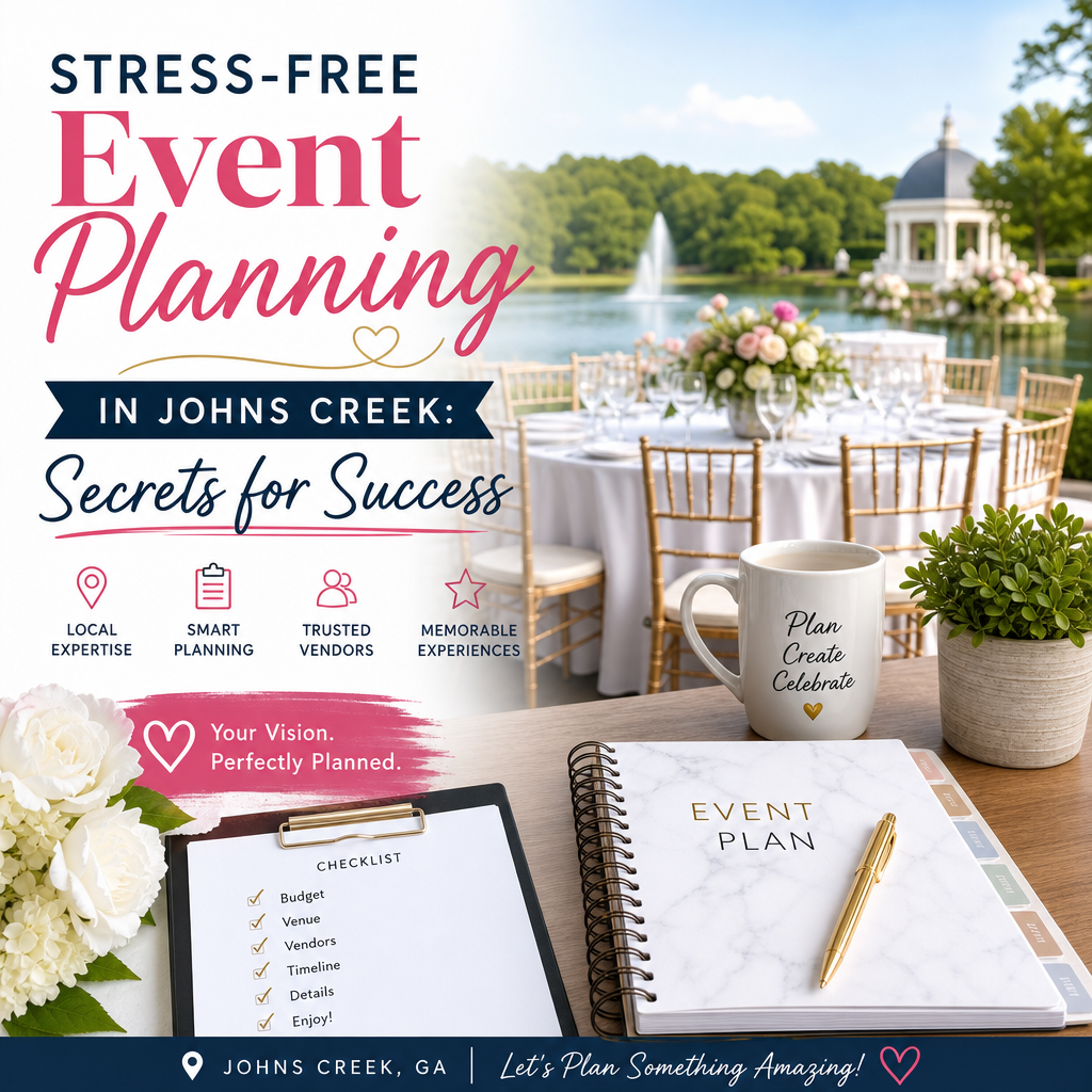 Stress-free event planning in Johns Creek starts with the right vision, budget, and local support for a beautiful, memor Elegant outdoor event setup in Johns Creek with planning checklist and stress-free event tips.