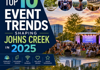 Illustration of Johns Creek event trends in 2025: community, sustainability, technology, wellness, and unique experiences