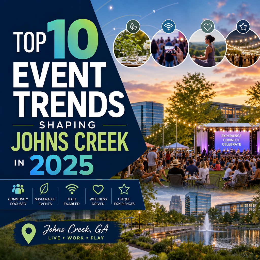 Illustration of Johns Creek event trends in 2025: community, sustainability, technology, wellness, and unique experiences