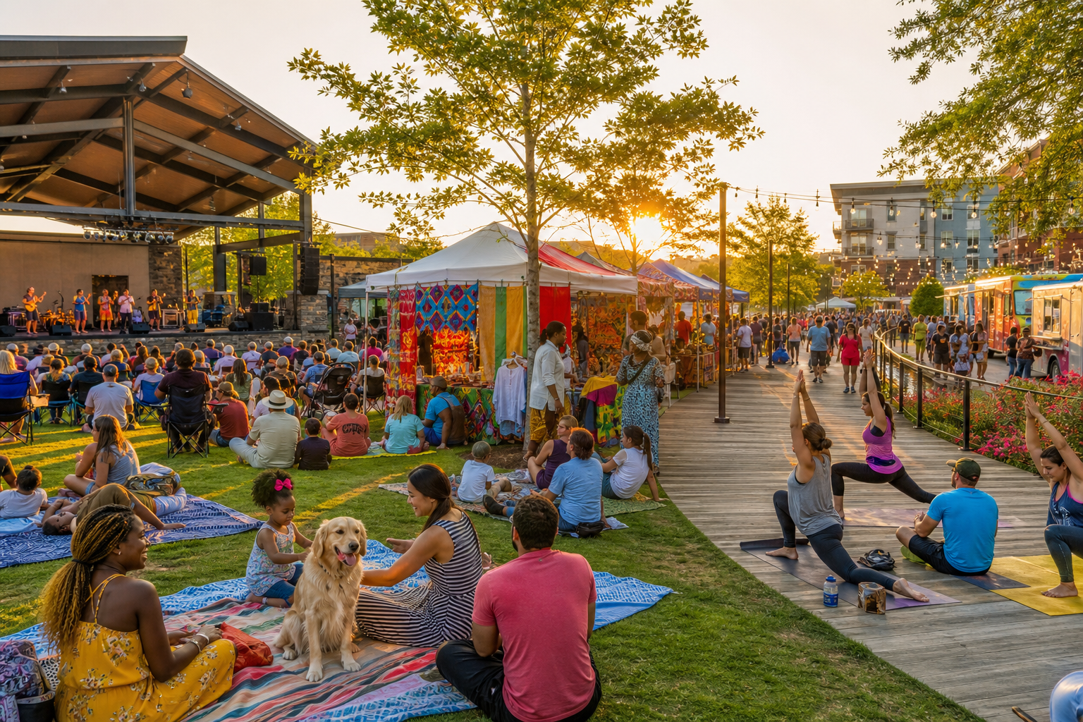 Outdoor festival with live music, market stalls, food trucks, and people doing yoga on a boardwalk