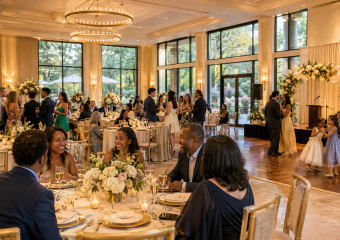 Create a polished editorial-style hero image of an elegant, flexible private event venue in the Alpharetta–Johns Creek, Georgia area, prepared for a milestone celebration. Show a warmly lit modern banquet room with high ceilings, stylish neutral décor, round dining tables, tasteful floral arrangements, subtle graduation and anniversary-inspired details, a small area for speeches and dancing, and diverse families and friends mingling joyfully. Include refined table settings, soft ambient lighting, a welcoming sophisticated atmosphere, and hints of an outdoor patio or landscaped garden visible through large windows. Photorealistic, inviting, upscale yet family-friendly, natural candid expressions, spacious composition, warm gold and cream color palette, high-end local lifestyle magazine photography, no visible text, signs, logos, or branding.