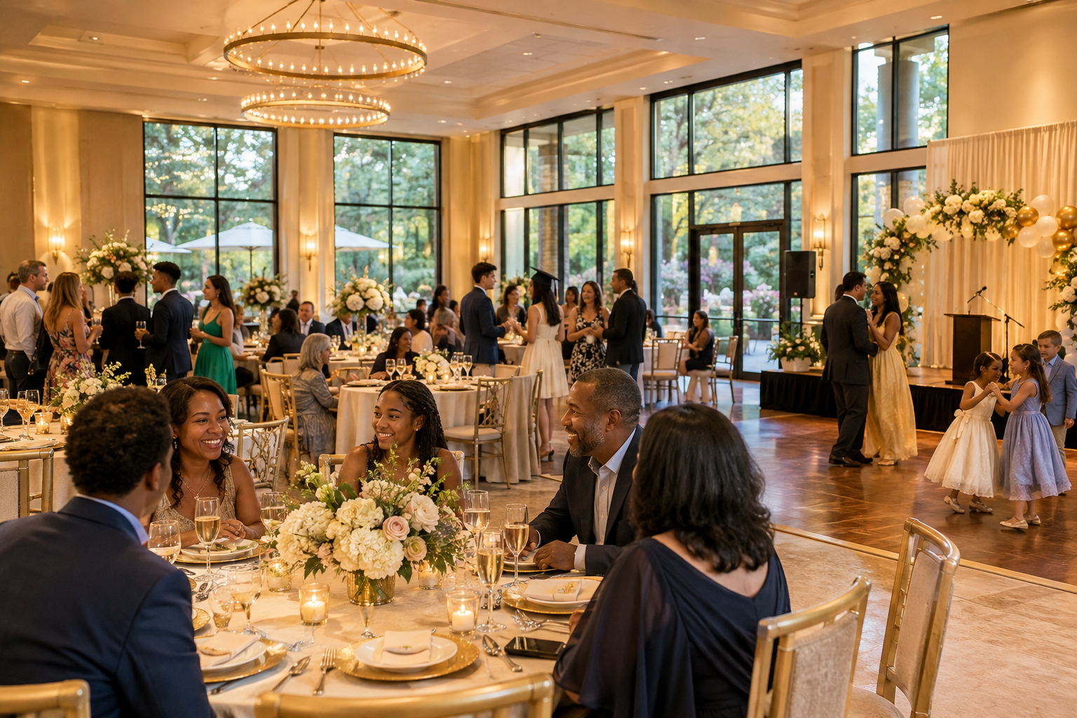 Create a polished editorial-style hero image of an elegant, flexible private event venue in the Alpharetta–Johns Creek, Georgia area, prepared for a milestone celebration. Show a warmly lit modern banquet room with high ceilings, stylish neutral décor, round dining tables, tasteful floral arrangements, subtle graduation and anniversary-inspired details, a small area for speeches and dancing, and diverse families and friends mingling joyfully. Include refined table settings, soft ambient lighting, a welcoming sophisticated atmosphere, and hints of an outdoor patio or landscaped garden visible through large windows. Photorealistic, inviting, upscale yet family-friendly, natural candid expressions, spacious composition, warm gold and cream color palette, high-end local lifestyle magazine photography, no visible text, signs, logos, or branding.
