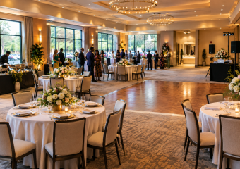 Elegant banquet hall set for a wedding reception, with decorated tables, guests mingling, a dance floor, and a DJ setup