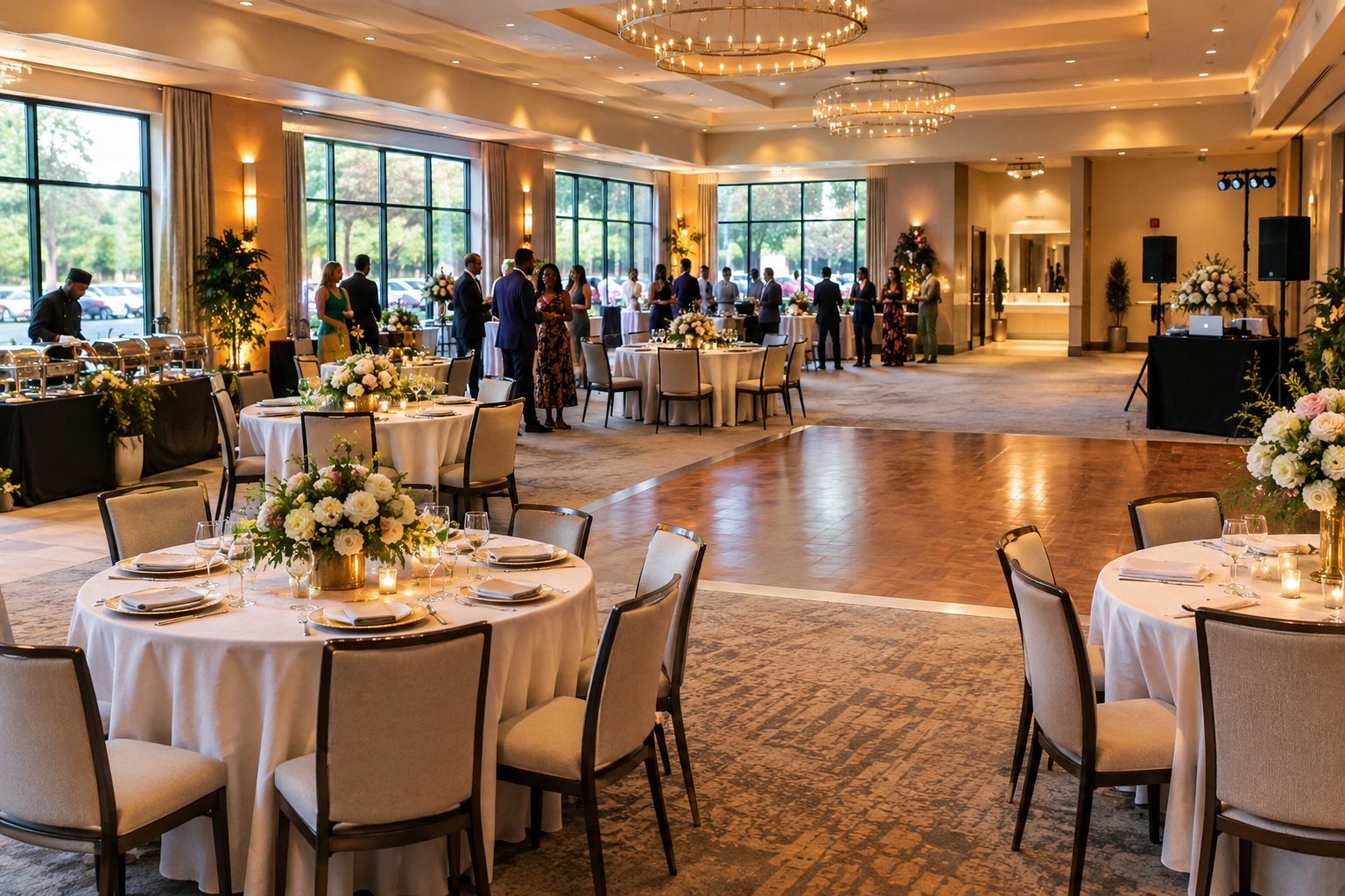 Elegant banquet hall set for a wedding reception, with decorated tables, guests mingling, a dance floor, and a DJ setup
