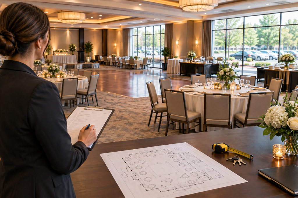 Event planner reviews a banquet hall layout while holding a clipboard beside a floor plan