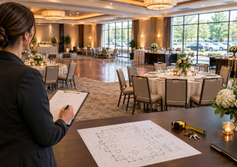 Event planner reviews a banquet hall layout while holding a clipboard beside a floor plan