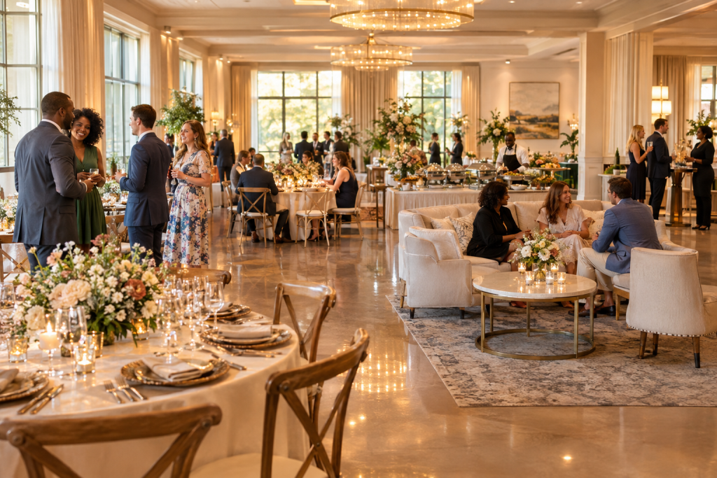 Guests socialize in an elegant banquet hall with decorated dining tables, floral arrangements, and a buffet