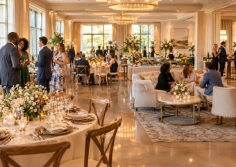 Guests socialize in an elegant banquet hall with decorated dining tables, floral arrangements, and a buffet