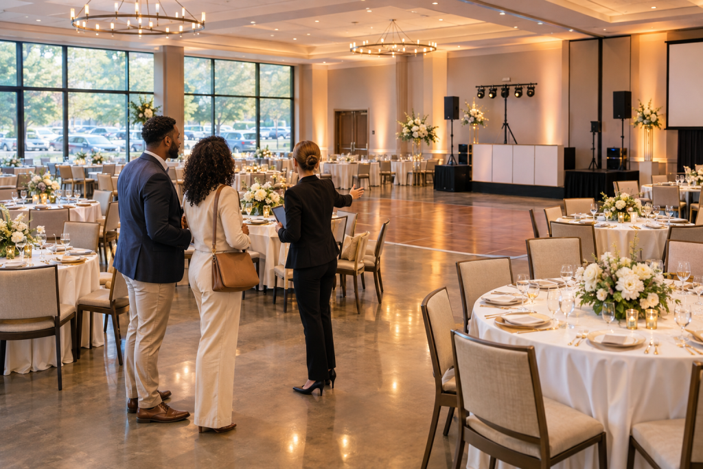 Three people discuss a decorated banquet hall with round dining tables, a dance floor, stage, and audiovisual equipment
