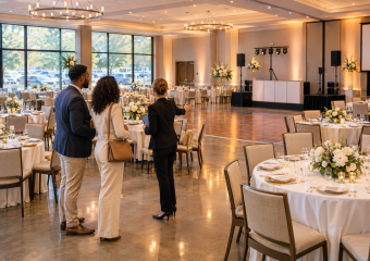 Three people discuss a decorated banquet hall with round dining tables, a dance floor, stage, and audiovisual equipment